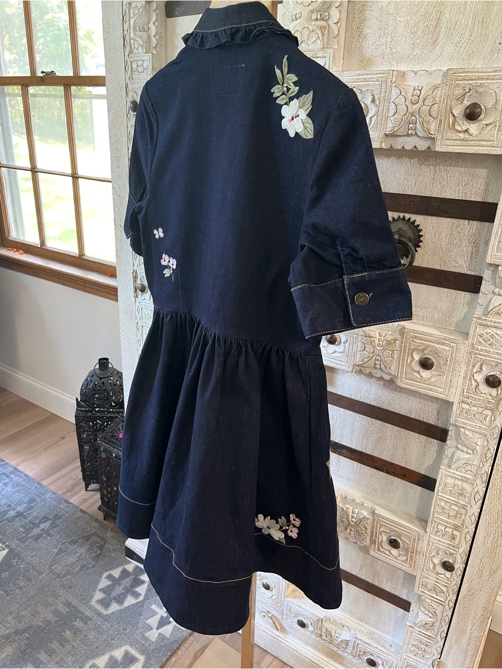 kate spade Navy Ruffle-Trim Denim Dress with Floral Embroidery - Picture 5 of 8